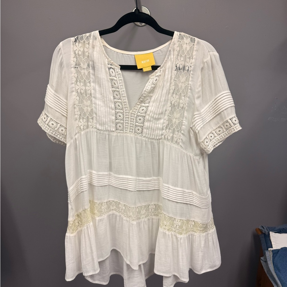 Maeve White Pleated Ruffled Blouse